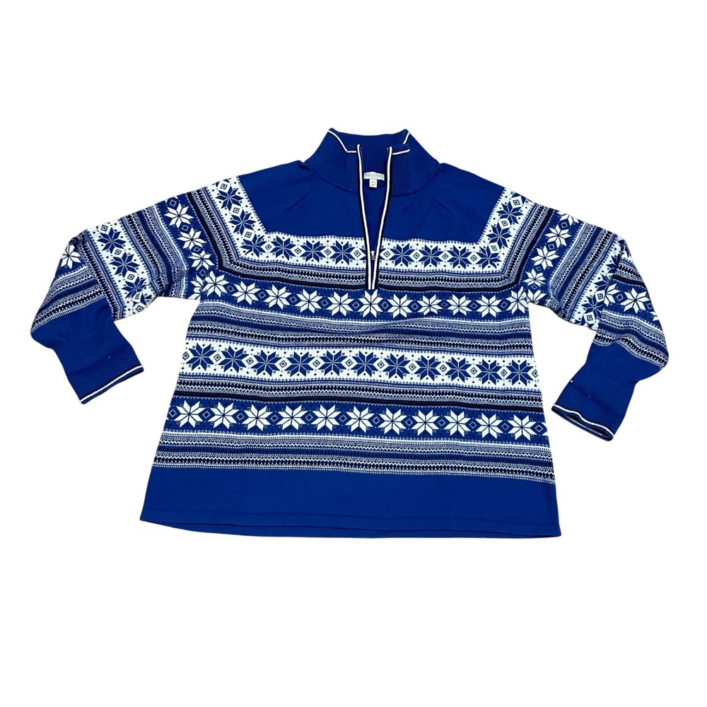 Talbots XLP Blue Fair Isle Snowflake Pull Over Quarter Zip Sweater Mock Neck